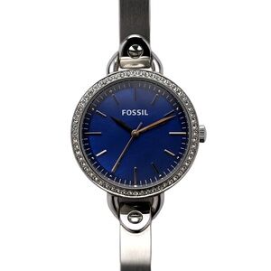 Fossil Blue Dial Quartz Ladies Wrist Watch 33mm Diamond Bezel Rose Gold Hands
